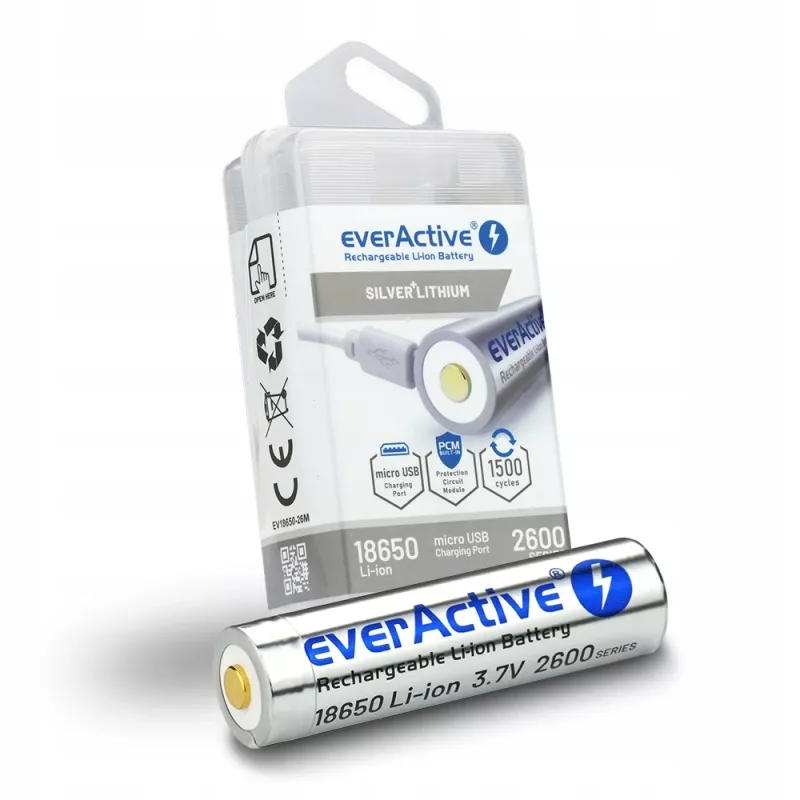Battery everActive 18650 3.7V Li-ion 2600mAh micro USB with protection BOX