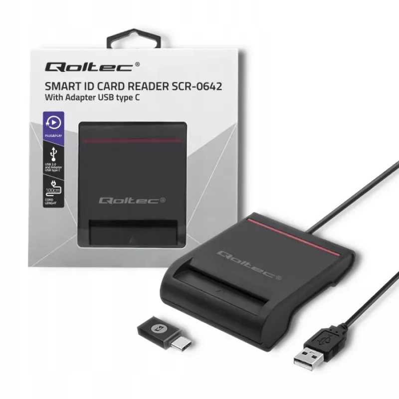 ID card scanner QOLTEC Smart chip ID card scanner — USB, black, 84.5×65×16 mm, 63 g