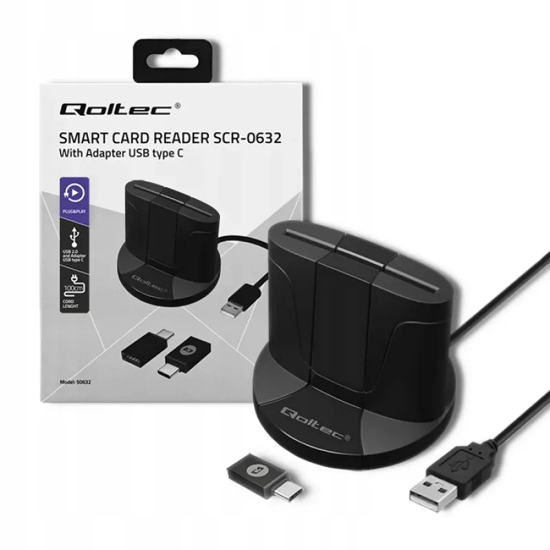 Smart Card Reader Qoltec 50632 USB 2.0 Black 1m Cable