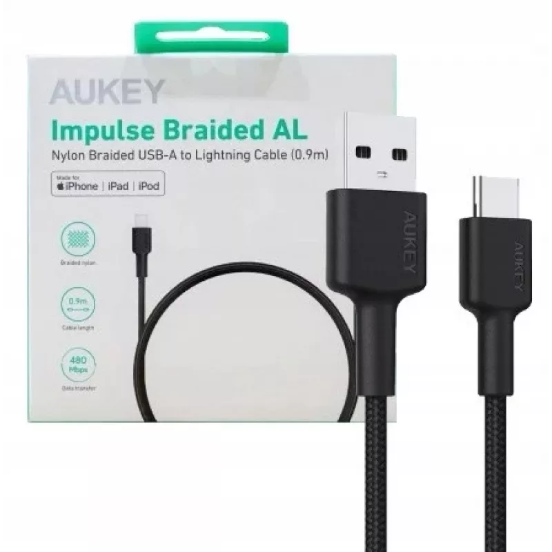 USB A to USB-C cable AUKEY CB-CD30 0.9 m — Black, braided, USB PD 3.0, 0.48 Gbit/s