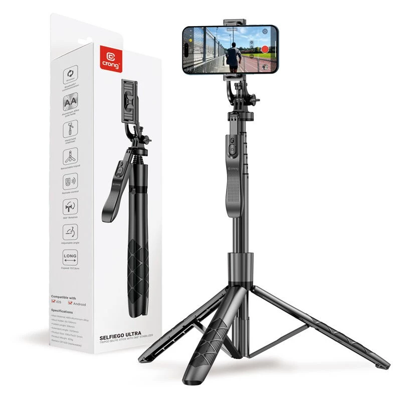 Tripod selfie stick Crong CRGSGU1BLK aluminium Bluetooth with foldable legs and phone mount
