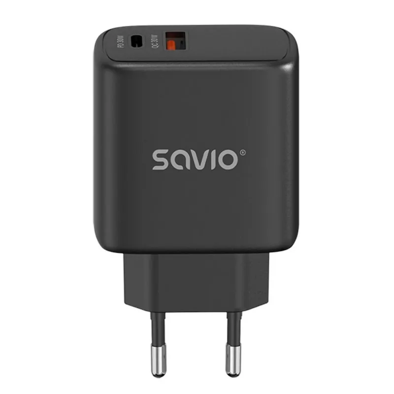 SAVIO LA-06/B 30W Wall Charger, USB-A + USB-C, Quick Charge, Power Delivery 3.0, Black
