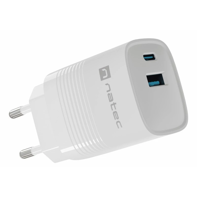 Wired mobile device charger NATEC NUC-2140, 30W, USB-C PD 3.0 + USB-A, Samsung AFC, White