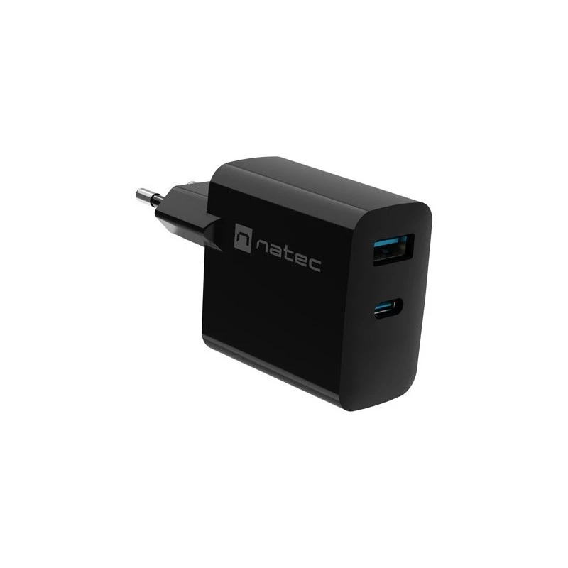 Wired Mobile Device Charger NATEC NUC-2145, 65W, USB-C PD 3.0 + QC 3.0, 1x USB-C, 1x USB-A, 110–240V, Black
