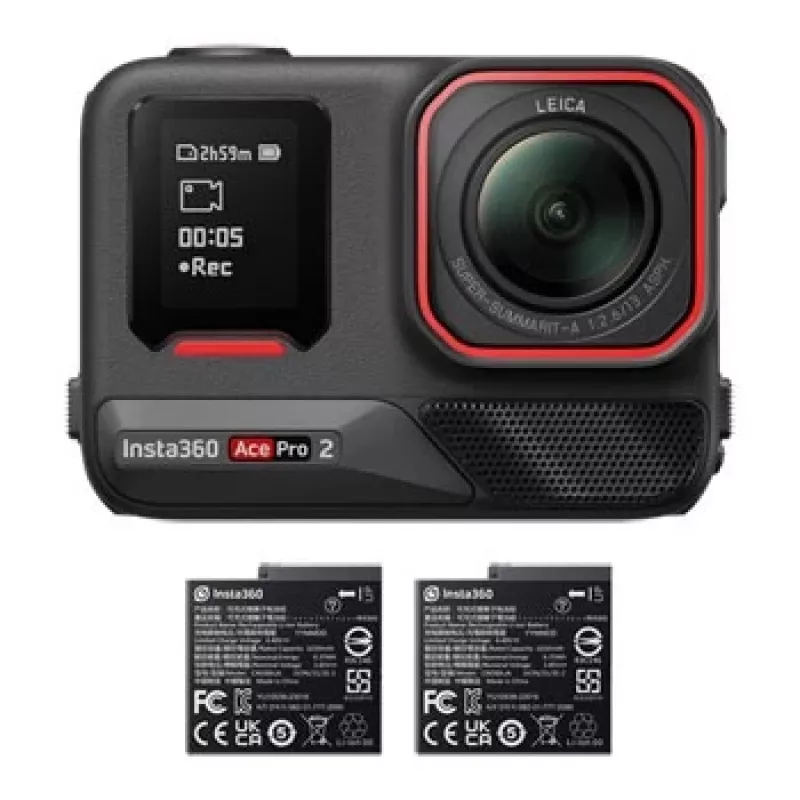 Action sports camera Insta360 Ace Pro 2 — 50 MP, 8K Ultra HD (7680×3272), 1/1.3 inch sensor, up to 240 fps, built-in display, Wi‑Fi, MicroSD, 177.7 g, Black