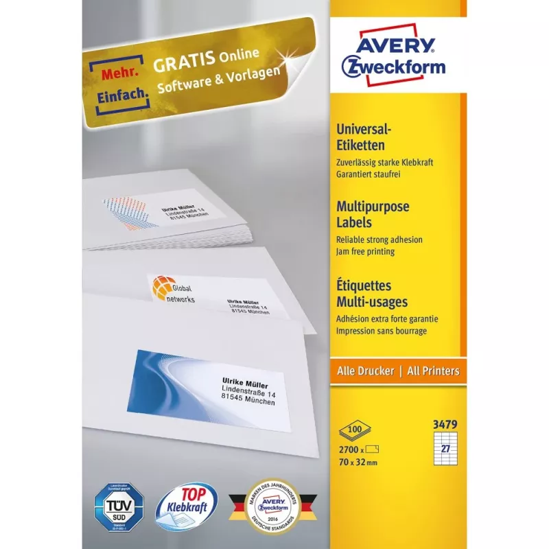 Avery-Zweckform 3479 Labels White Paper 70x32mm Permanent Adhesive