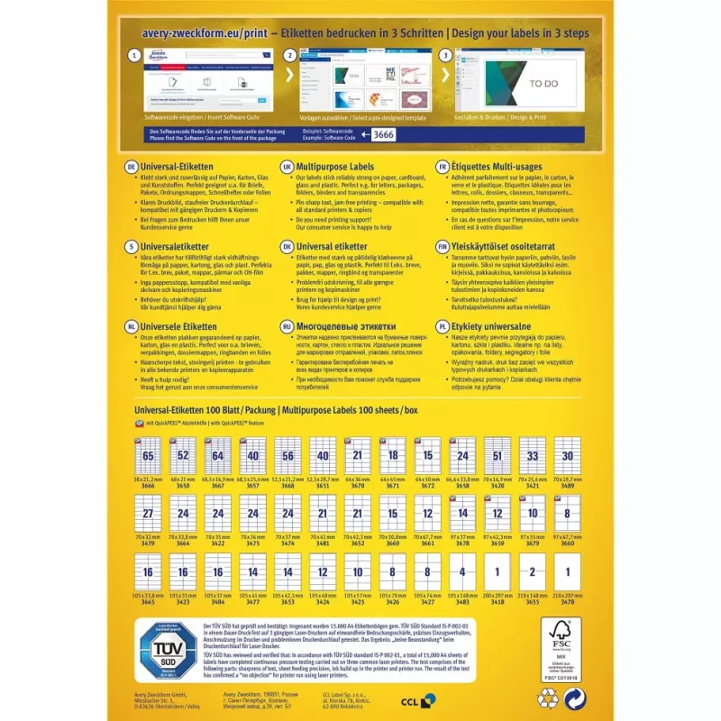 Avery-Zweckform 3479 Labels White Paper 70x32mm Permanent Adhesive