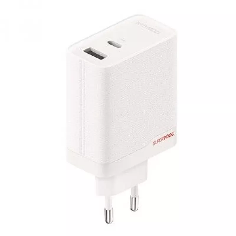 Power adapter ONEPLUS SUPERVOOC 120W dual-port wired charger, 120W total output, 1x USB-C + 1x USB-A, 100–240V, 145 g, white