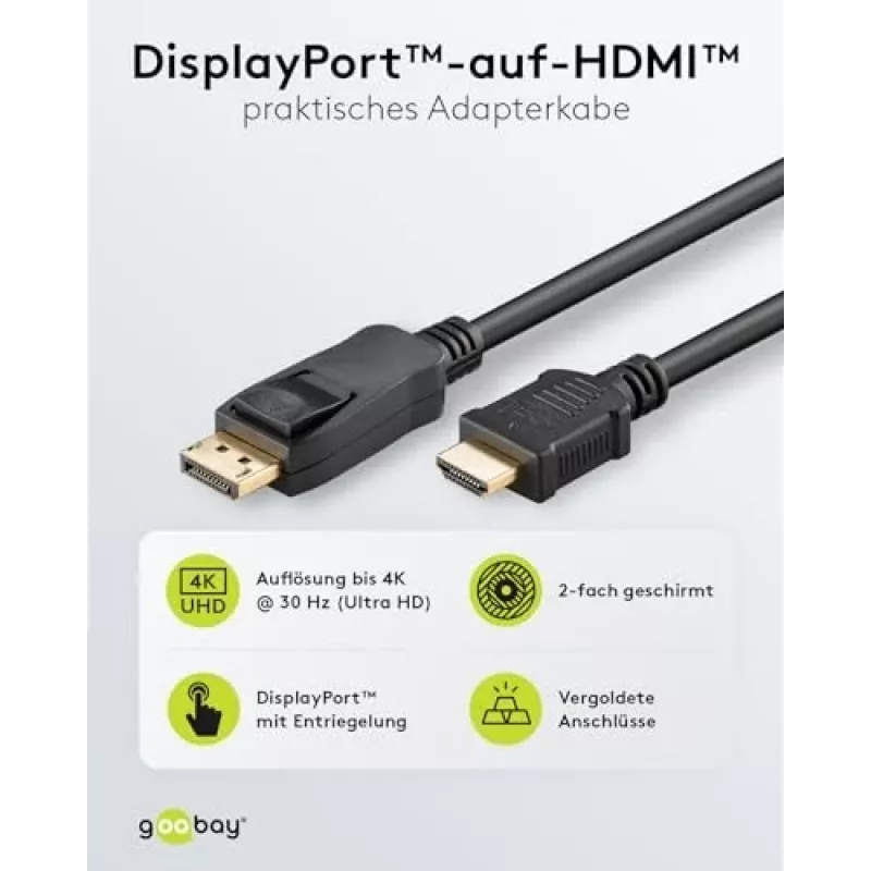 64836 DisplayPort 1.2 to HDMI Adapter Cable 1.4 4K @ 30Hz / Ultra High Speed HDMI Cable/Gold-Plated Connector for Flawless Signal Transmission/Laptop