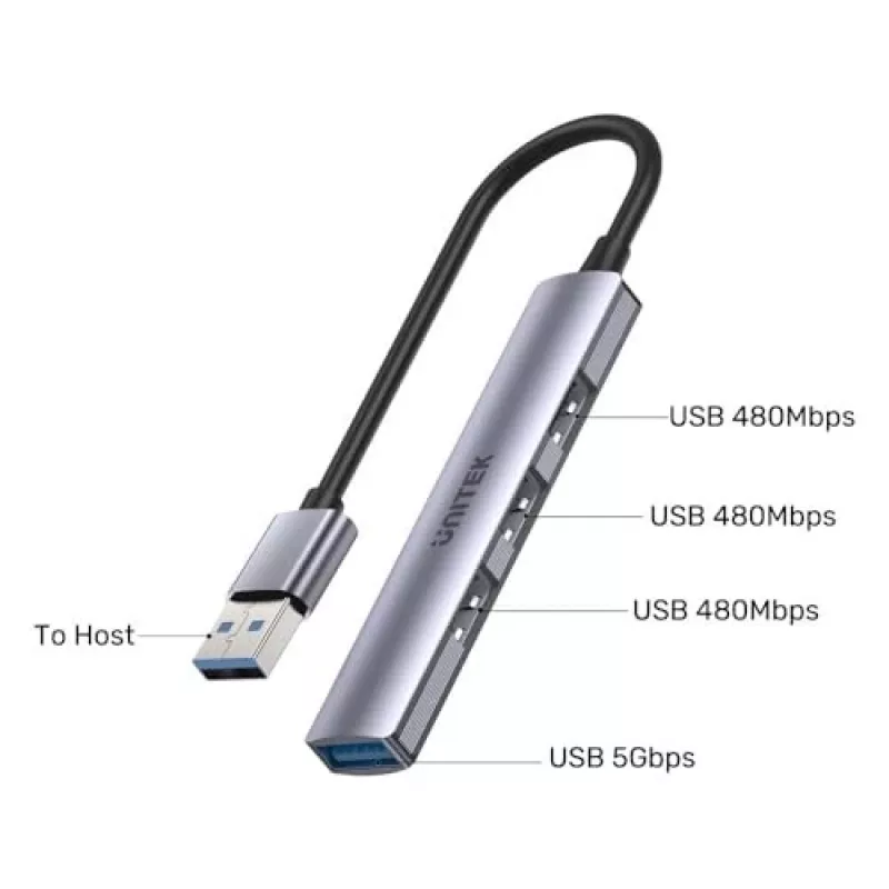 Unitek H1208A USB-A Hub, 4 Ports (1x USB-A 5 Gbps, 3x USB-A 2.0), Aluminium, Silver