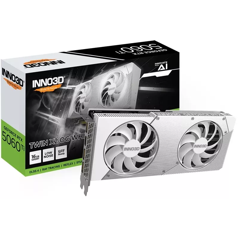 Graphics card Inno3D GeForce RTX 5060 Ti — 16 GB GDDR7, PCIe 5.0, 448 GB/s, 250 mm, 2-slot, white