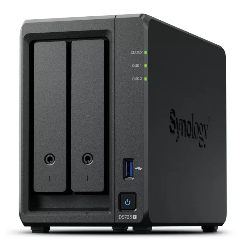 NAS Synology DiskStation DS725+ 2-bay Ryzen R1600 4GB DDR4 ECC, 2.5GbE, 2x M.2, RAID support, 0TB, Black