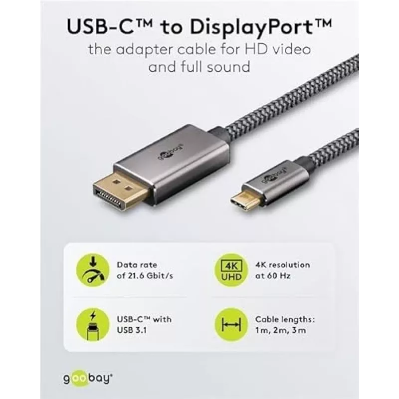 Goobay USB C to DisplayPort Cable - Gold-Plated Connectors, Ultra HD Resolutions up to 4k @ 60Hz Type C Thunderbolt 3/4 to DP Adapter Compatible with