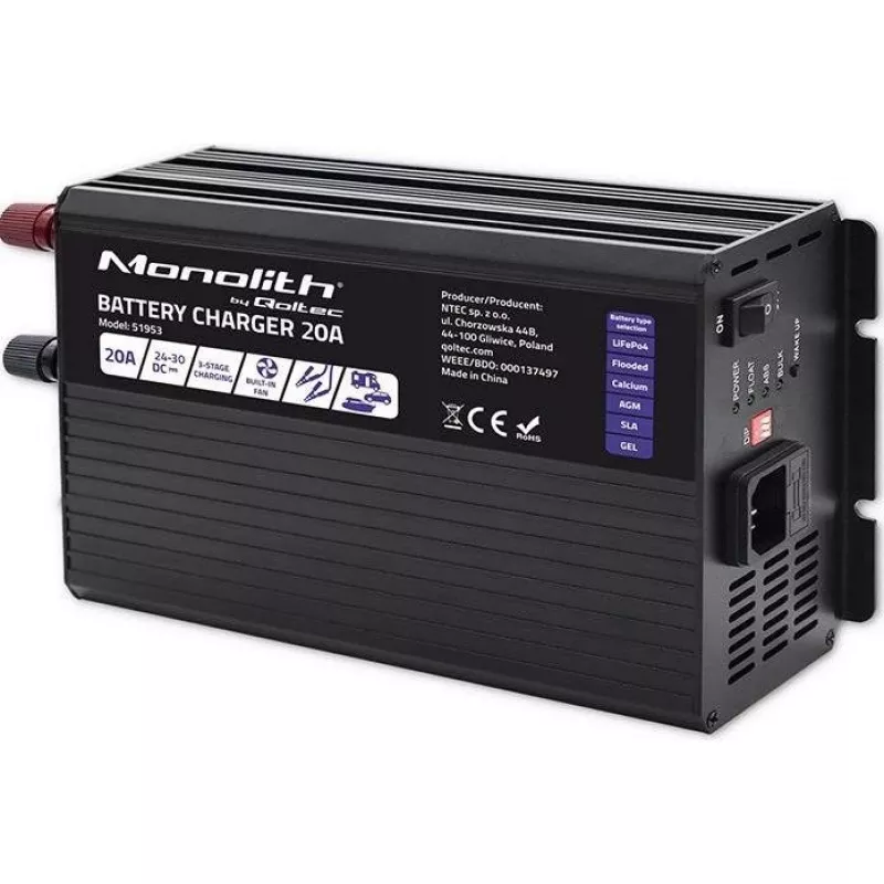 Qoltec Smart Monolith Battery Charger for LiFePO4 AGM GEL SLA batteries | 20A | 24V