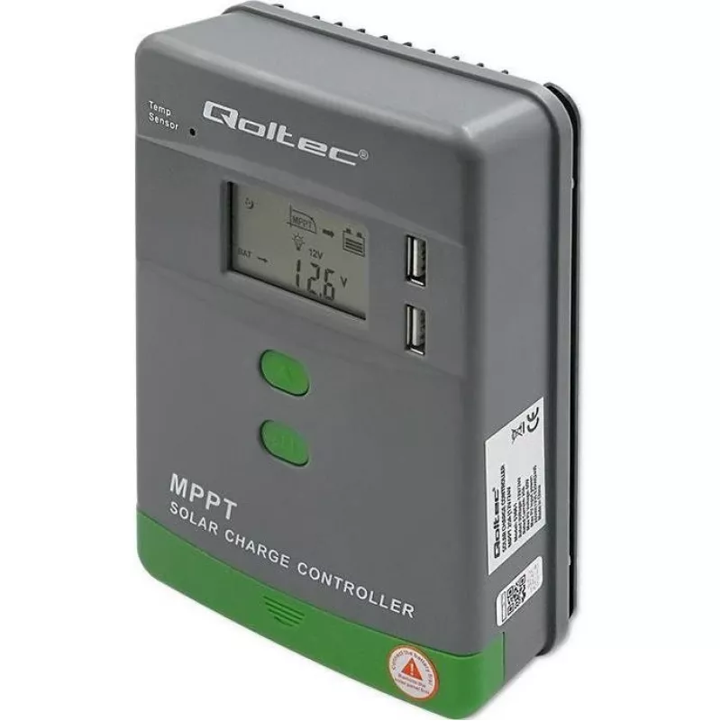 Qoltec, solar MPPT charge controller with temperature sensor 20A 12V/24V Display LCD 2 X USB