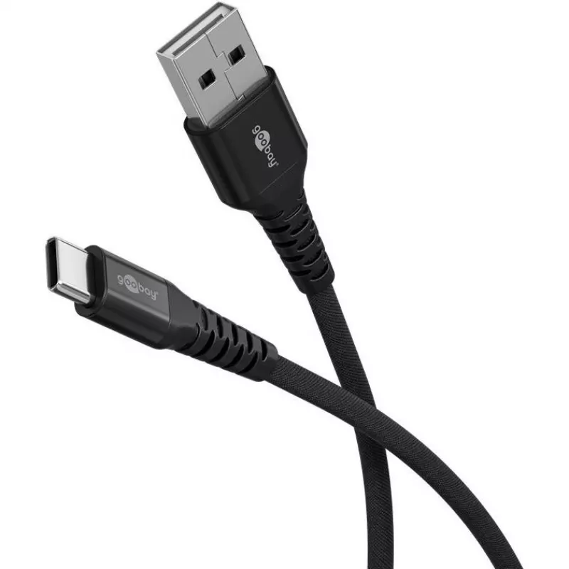 Goobay USB Cable-C Fabric Supersoft with Metal Connectors, 2 M, Black (2m, USB 2.0, 60W), USB Cable