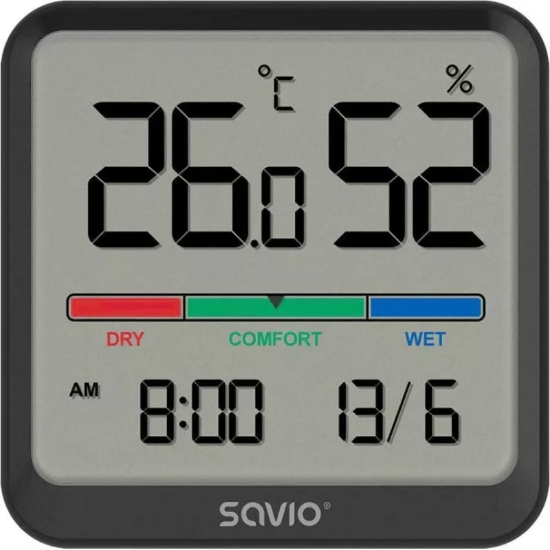 Indoor temperature and humidity sensor SAVIO CT-01/B freestanding, LCD, -10–55°C, 10–99% RH, CR2032