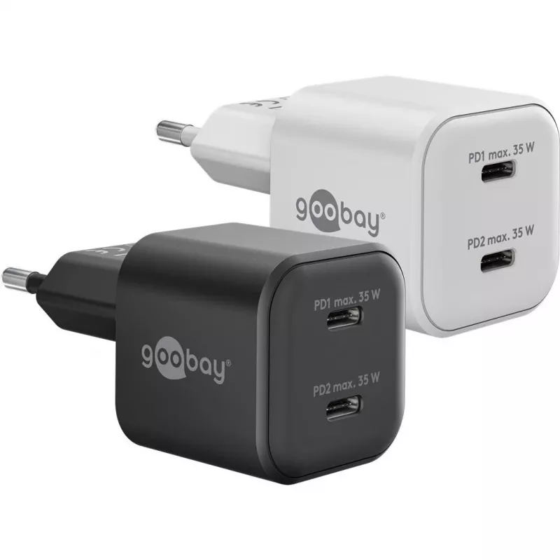 USB-C Dual-Fast Charger Nano, PD, GaN, 35 Watt (White, 2x USB-C, Power Delivery 3.0)