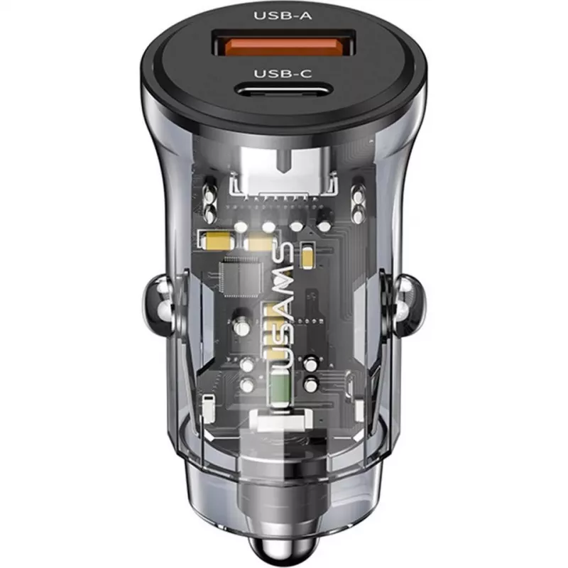 Car charger usams CC164CC01 30W with 1×USB-A and 1×USB-C for fast charging