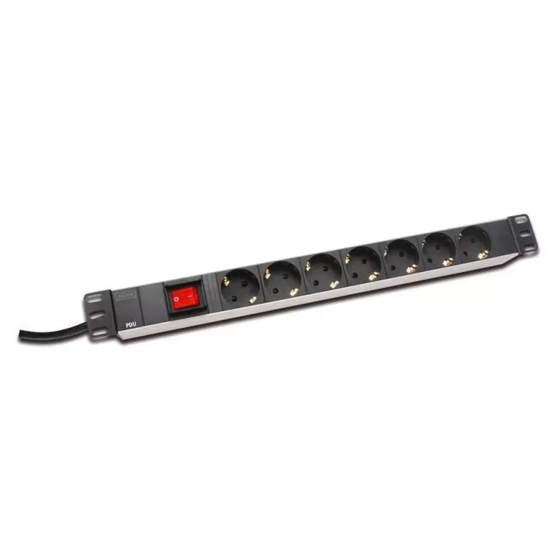 DIGITUS DN-95402 7-Way Aluminum PDU Power Strip with Switch, 2m Cable, 19 inch 1U Rackmount, 16A/4000W