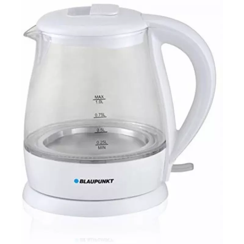 Electric kettle BLAUPUNKT 1 L 1630 W White — glass body, 360° base, button lid