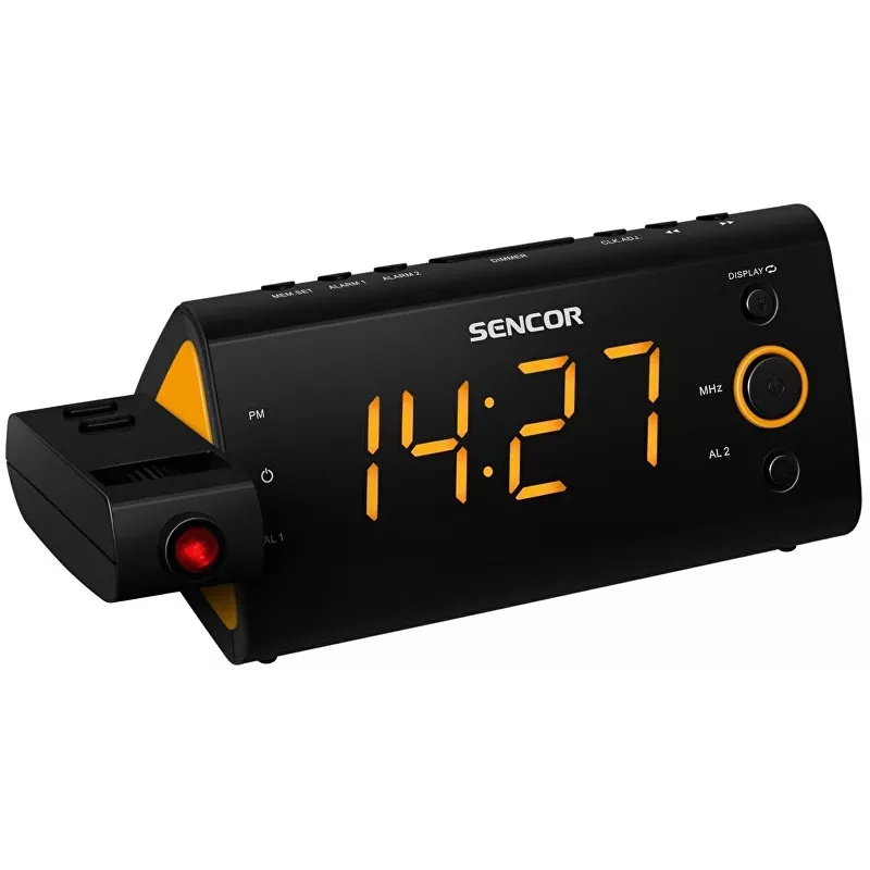 Clock Radio SENCOR SRC 330 OR — FM clock radio with 1.2 inch LED display, dual alarm, red 180° projection, indoor temperature, battery backup