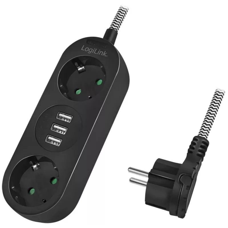Power Extension LogiLink LPS262U 1.5m 2 AC Outlets Indoor Black