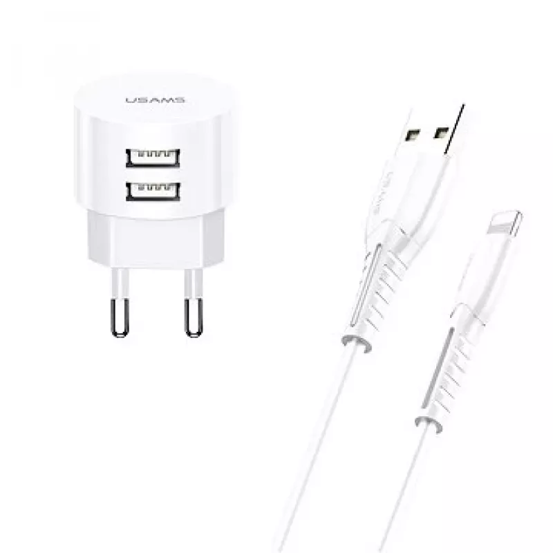 usams Charger T20 2x USB 2.1A with Lightning cable — portable USB wall charger