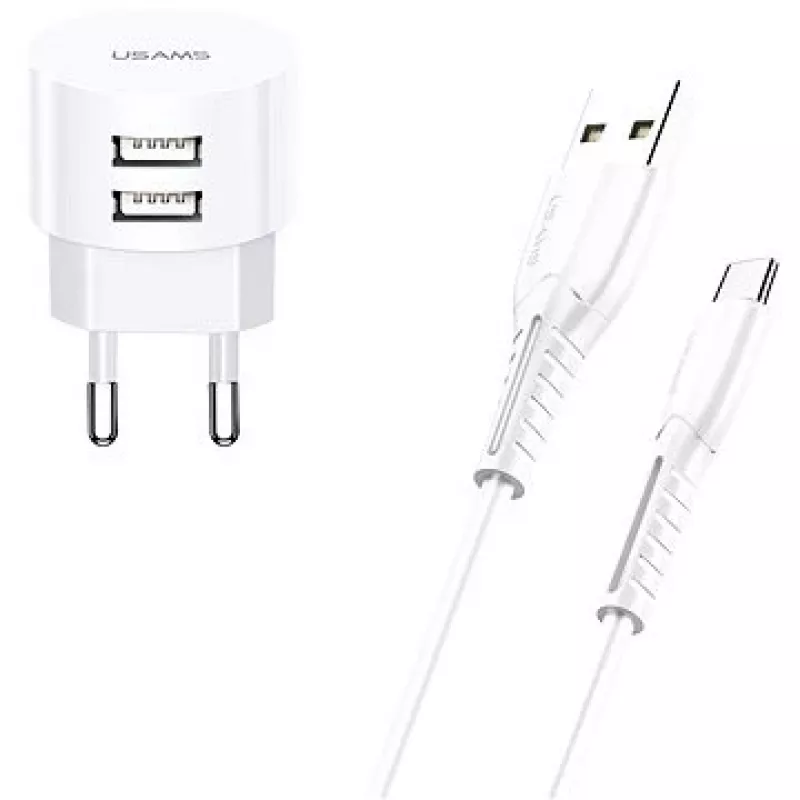 Charger usams XTXLOGT18TC05 with 2x USB ports and integrated USB‑C cable, 2.1A output