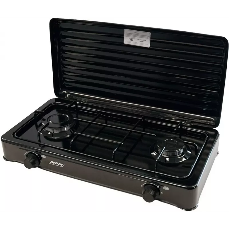 Mpm Kn-02/1kb portable gas cooker Camping 2 burners enamelled grid protective lid standard G30-37 Mbar black