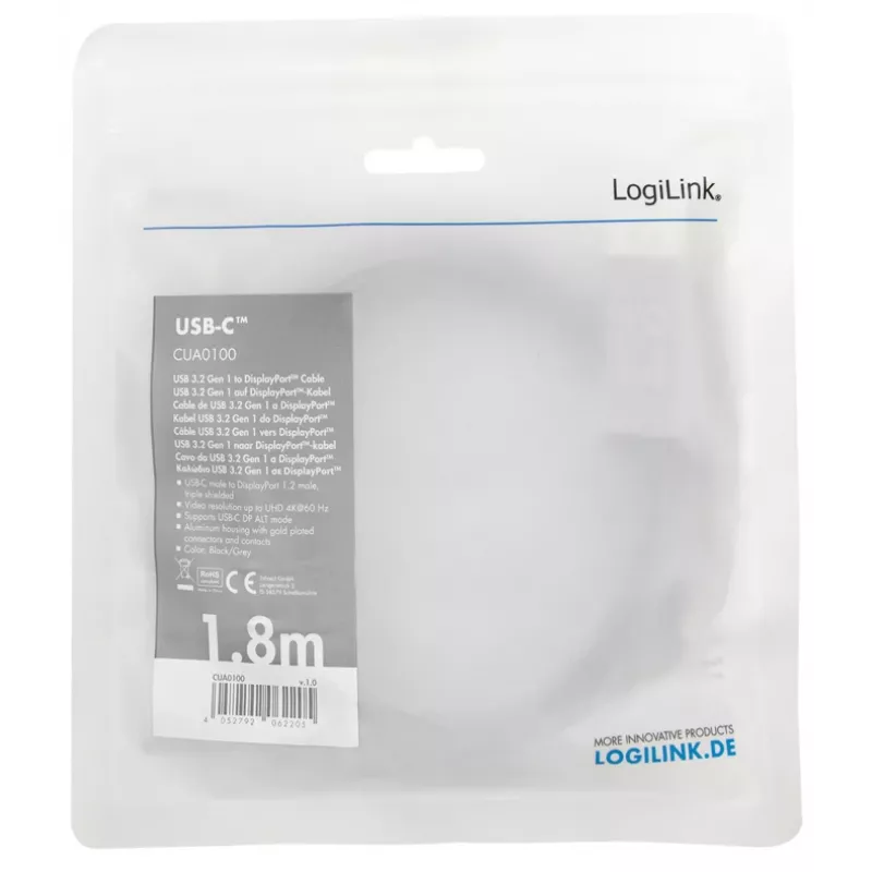 LogiLink CUA0100 Cable Gender Changer DisplayPort USB 3.2 Gen1 Type-C 1.8m Black Grey