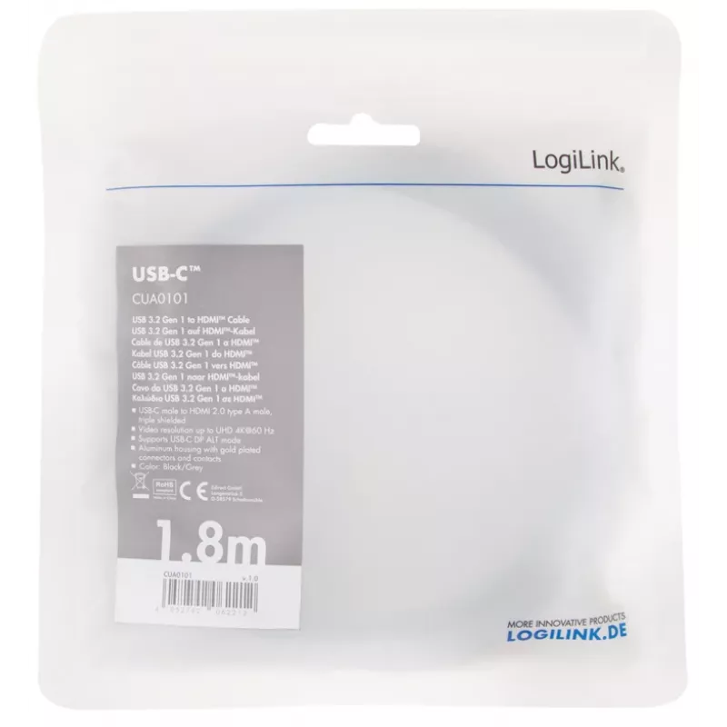 LogiLink CUA0101 USB 3.2 Gen1 Type-C to HDMI-A Cable 1.8m Black Grey