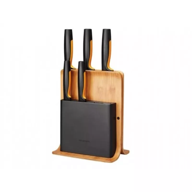 Slot knife block Fiskars 1057552 — wooden rectangular knife block with 5 slots, stainless steel, max knife length 21.3 cm