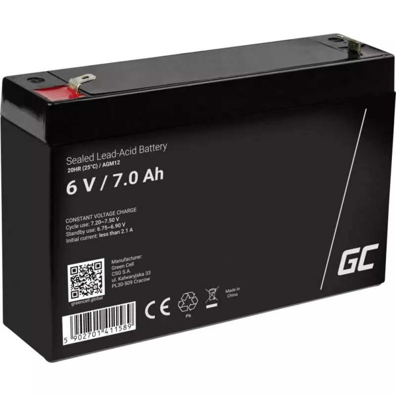 Rechargeable sealed lead-acid battery Green Cell AGM12 6 V 7000 mAh Black
