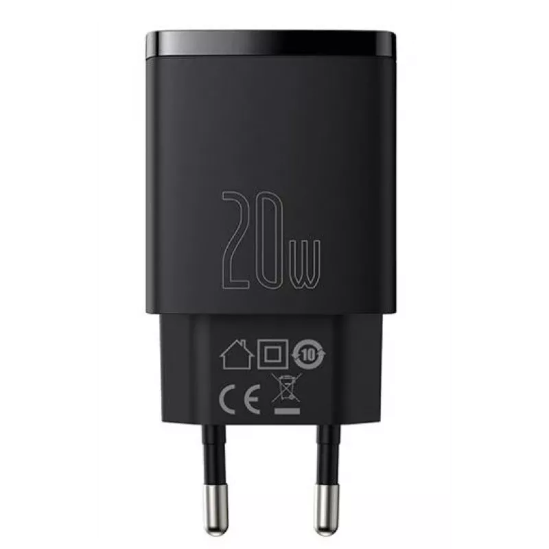 Indoor USB Fast Charger Baseus CCXJ-B01 — 2-port (USB-C PD 20W + USB-A QC3.0 18W), 100–240V, Black
