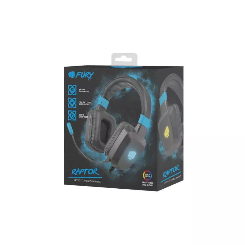 Wired gaming headset Fury NFU-1584 with boom microphone, circumaural, 98 dB, 15–25000 Hz, 2 m cable, USB and 3.5 mm, blue