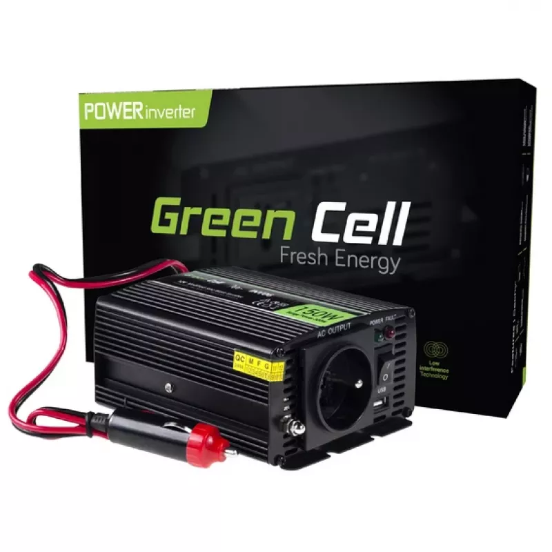 Inverter power adapter Green Cell INV06 12V to 230V 150W 50Hz Type C plug, 85% efficiency, black