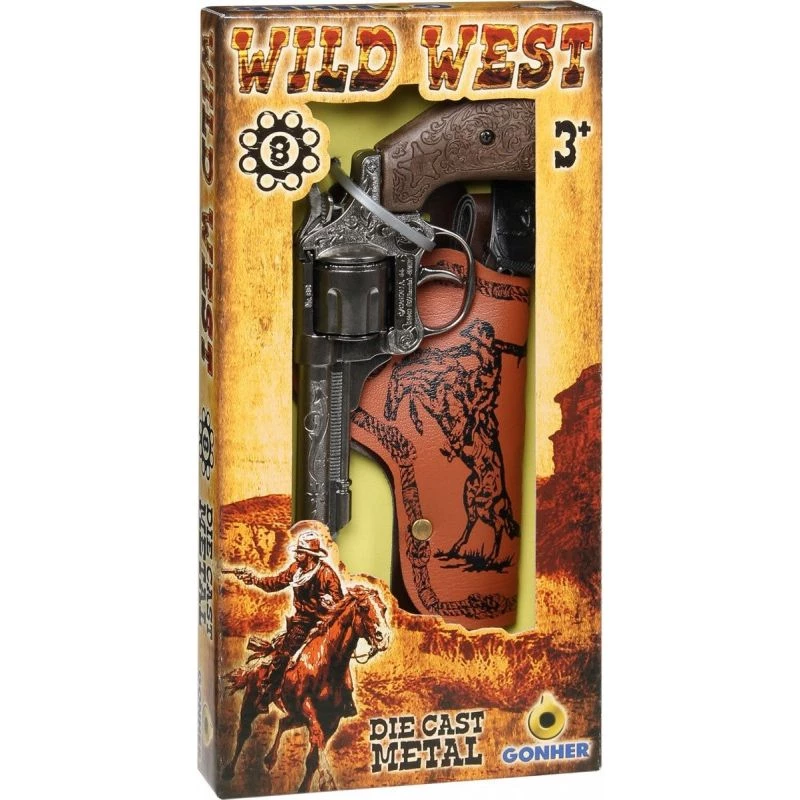 Toy metal cowboy revolver Pulio 155201/0 with holster — single-shot replica, metal construction