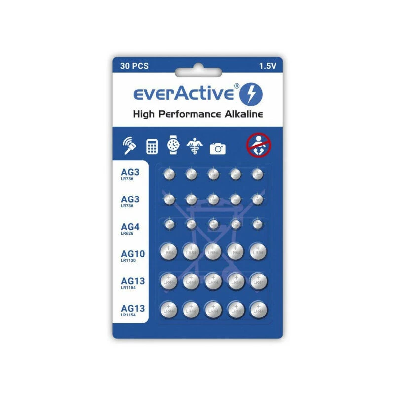 Alkaline batteries everActive AGMIX30BL 1.5V — pack of 30, button/coin cells