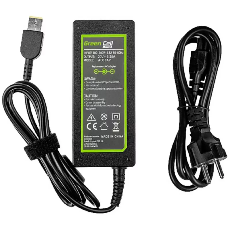 Power adapter Green Cell AD38AP 65W for Lenovo laptops, 20V 3.25A, 1.2 m cable, black