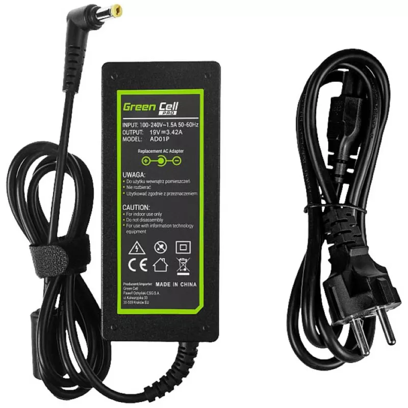 Power adapter Green Cell AD01P — 60 W, 19 V 3.42 A, indoor laptop supply, black
