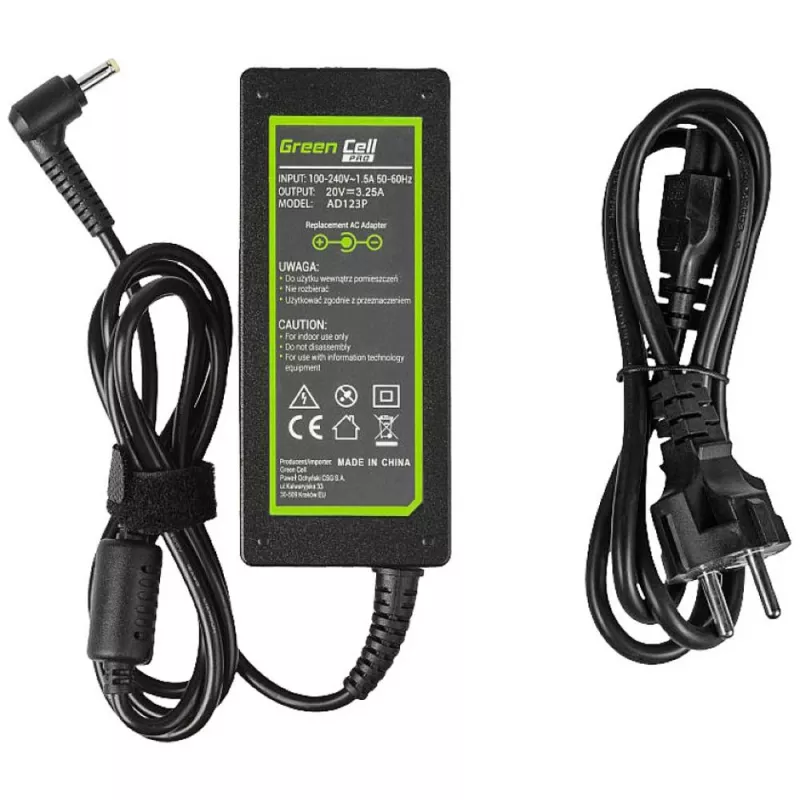 Power adapter Green Cell AD123P 65 W 20 V 3.25 A for Lenovo, indoor, black, 2 m cable