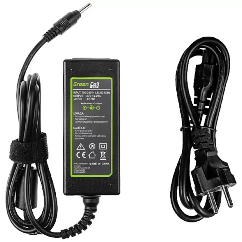 Power adapter Green Cell AD76P 45W for Lenovo laptops, 20V 2.25A, AC-to-DC, 100–240V input, black