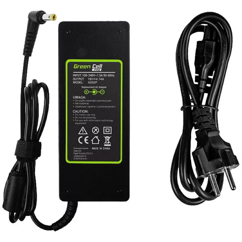 Laptop Power Adapter Green Cell AD02P 90W 19V 4.74A AC-to-DC Indoor Black