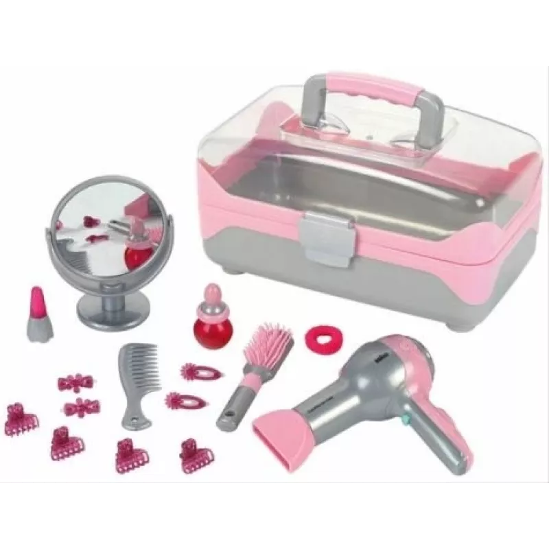 Theo Klein brown hairdresser case with battery-powered toy hairdryer, 5862