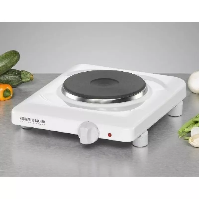 Rommelsbacher THL 1097 Single Cast Iron Tabletop Hot Plate – 1000 W, White Enamelled Steel, Stepless Temperature Control