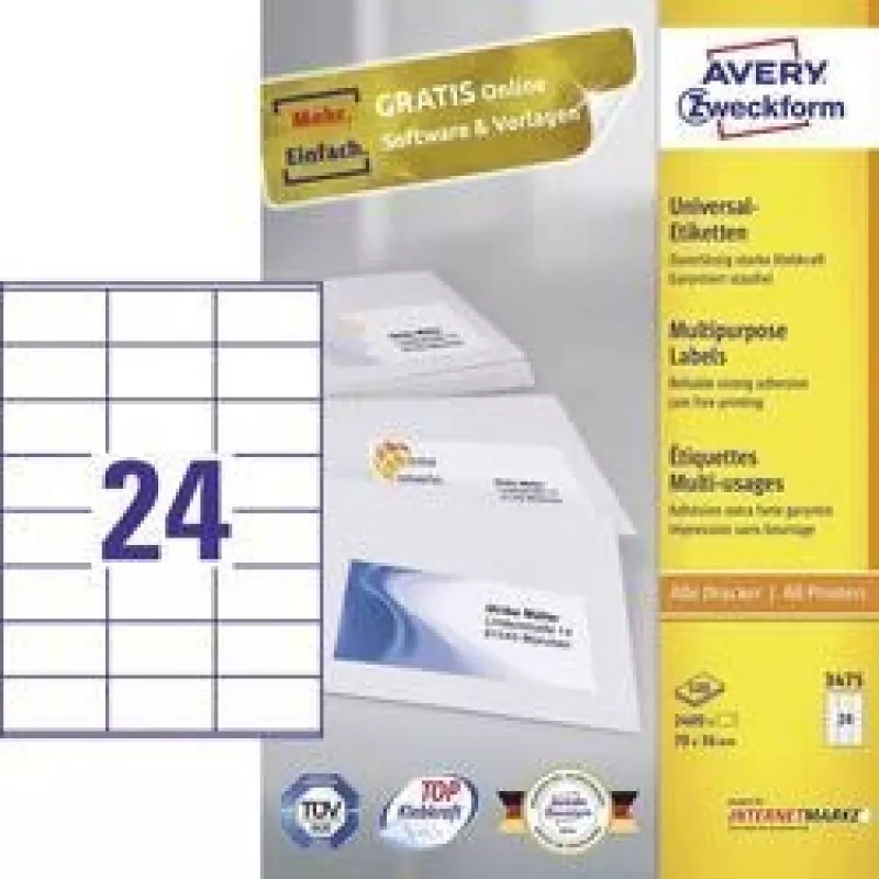 Avery Multipurpose Labels Laser Copier Inkjet 24 per Sheet 70x36mm