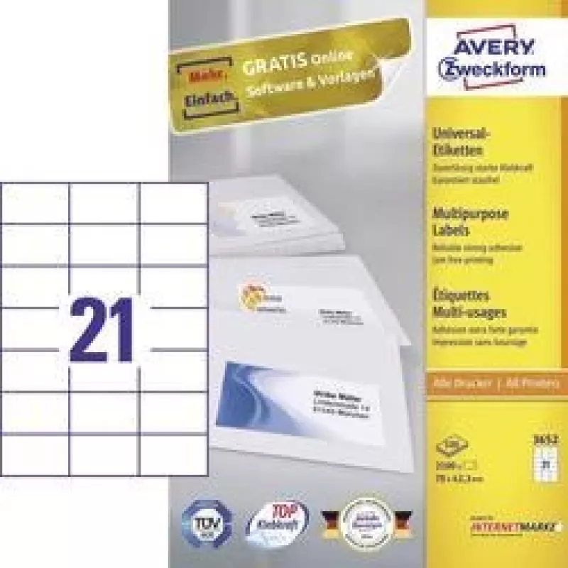 Avery - Labels - White - 42,3 X 70 Mm 2100 label(s) (100 Sheets X 21) (3652)