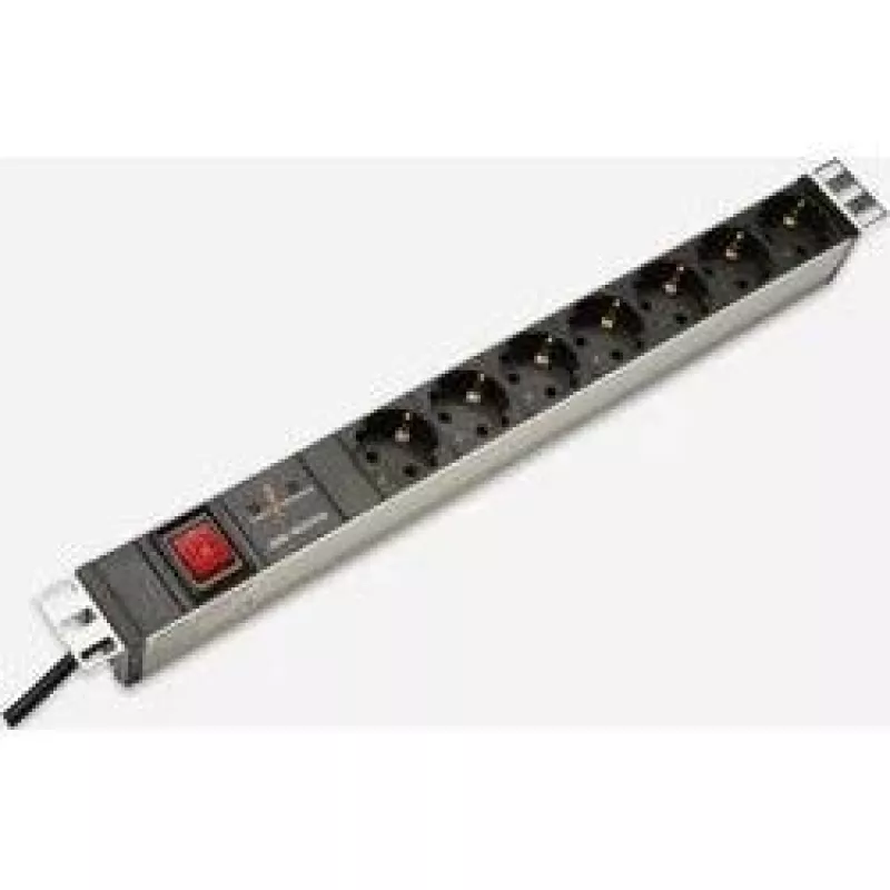 DIGITUS 1U Aluminum PDU with 7 Safety Outlets, 2m Cable, Switch, Surge Protection