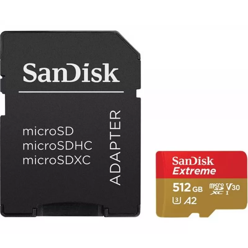 MicroSDHC memory card SANDISK Extreme 512 GB UHS-I A1 V30 U3 Class 10, read 190 MB/s, write 130 MB/s, includes SD adapter